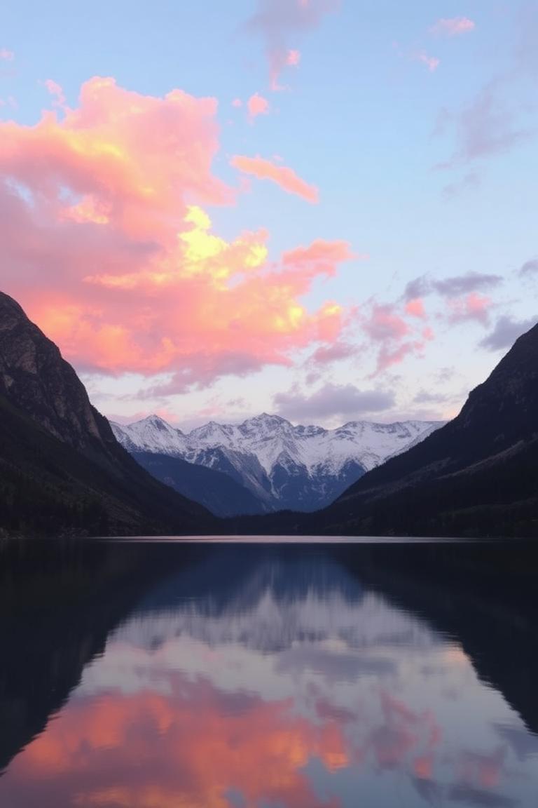 Imagen de buenos días con amanecer dorado entre montañas y lago