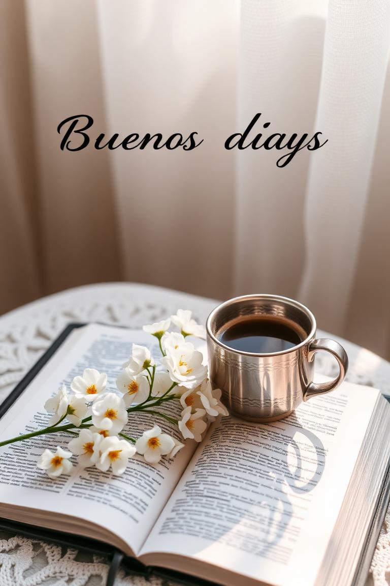 Imagen cristiana de buenos días con biblia abierta, flores y café
