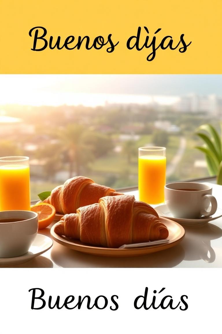Imagen de buenos días con desayuno de croissants, café y jugo de naranja