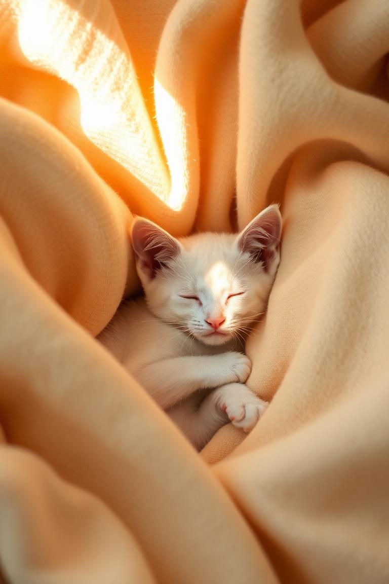 Imagen tierna de buenos días con gatito blanco entre mantas suaves