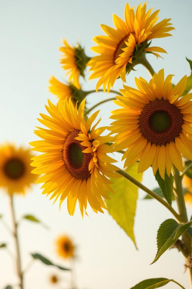 Imagen de buenos días con girasoles amarillos al amanecer