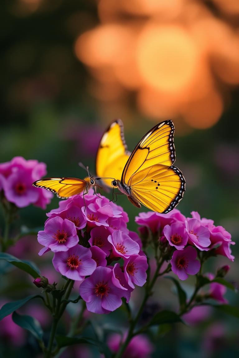 Imagen mágica de buenos días con mariposas amarillas sobre flores rosadas