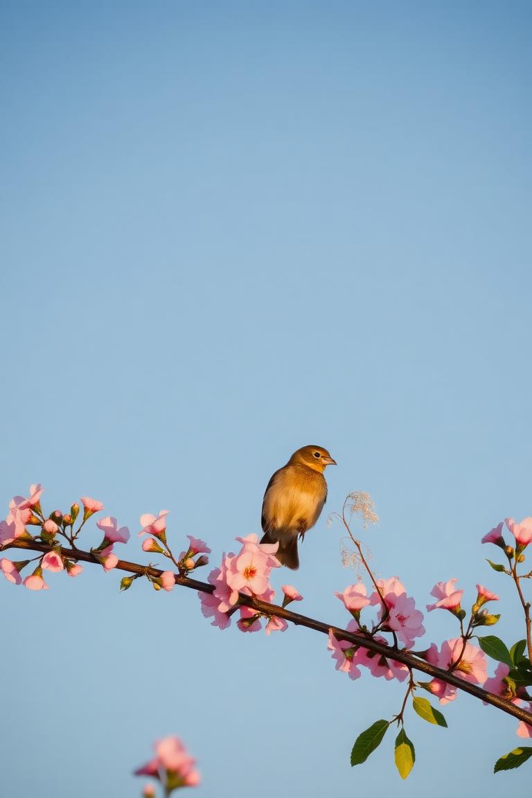 Imagen tierna de buenos días con pájaro sobre rama de cerezo rosa