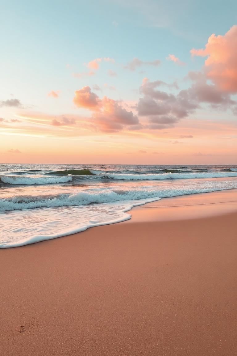 Imagen serena de buenos días con playa al amanecer en tonos rosa y azul