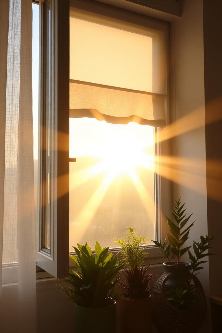 Imagen de buenos días con ventana abierta y rayos de sol al amanecer